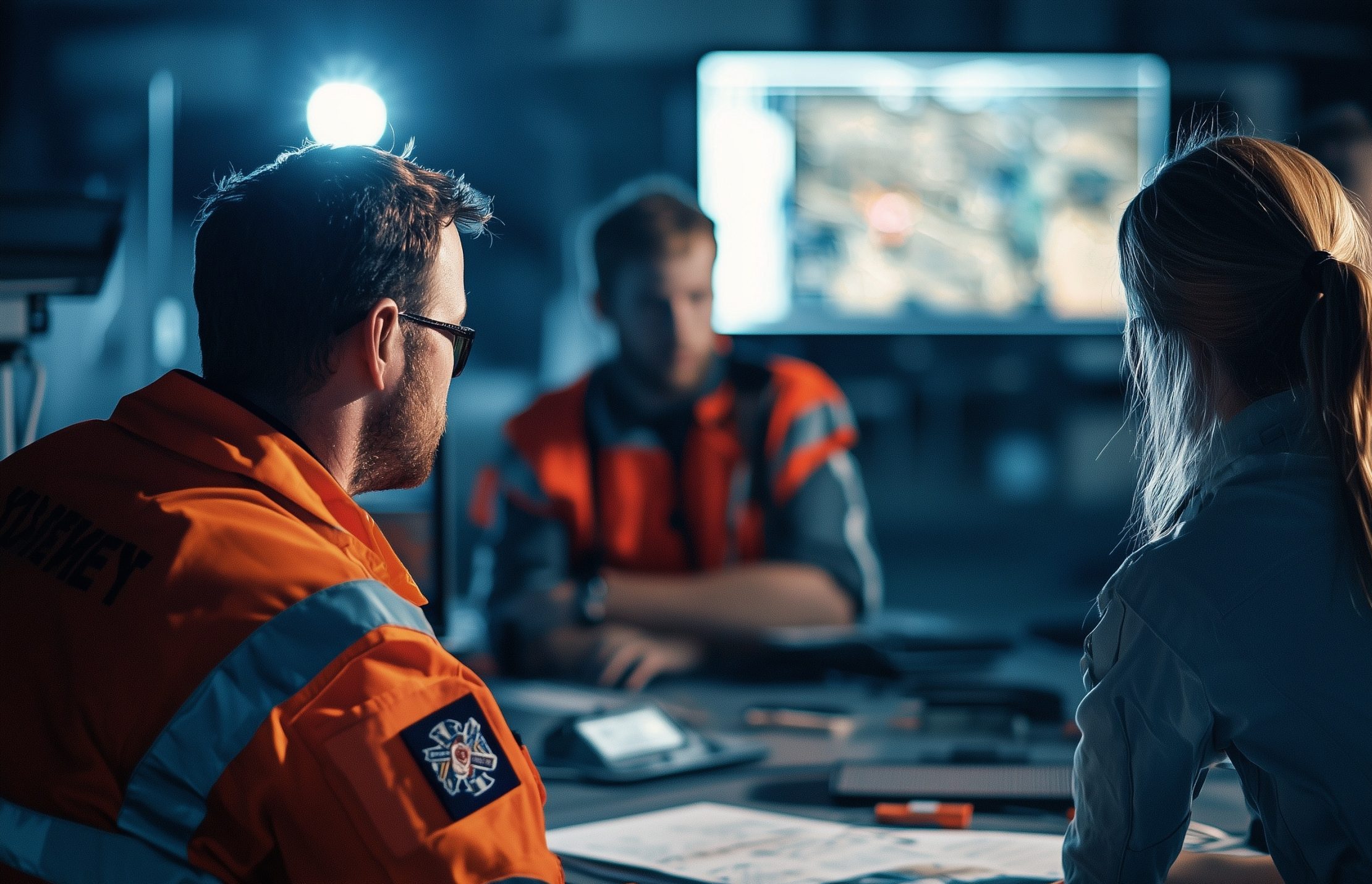 Rescue workers in briefing at emergency operations center, focusing on rapid response.
