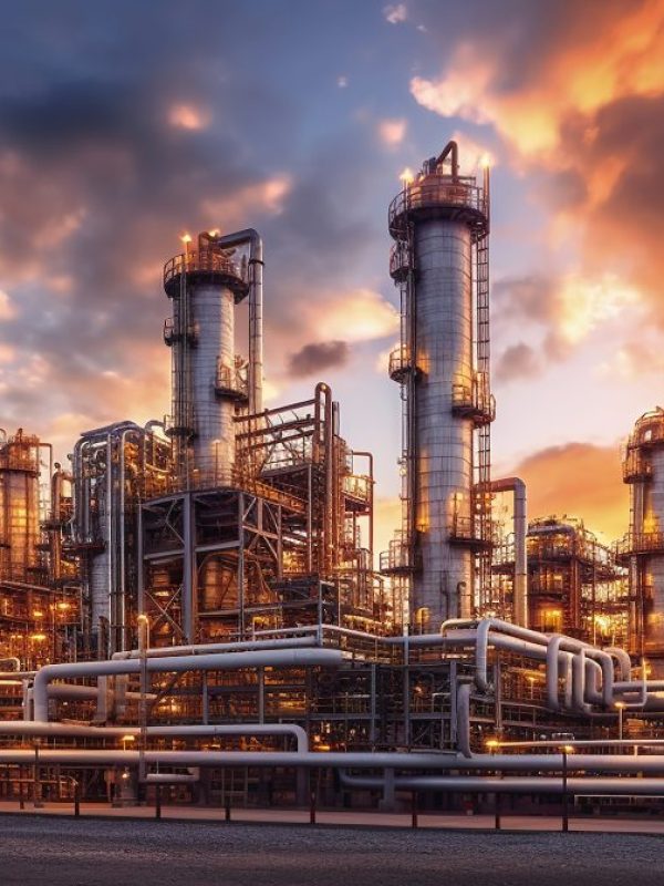Close up Industrial view at oil refinery plant form industry zone with sunrise and cloudy sky. Generative Ai